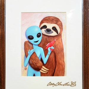 May include: A blue alien with large eyes and a red toy airplane is being hugged by a brown sloth. The sloth is wearing a red toy airplane. The image is painted in a cartoon style and has a pink background.