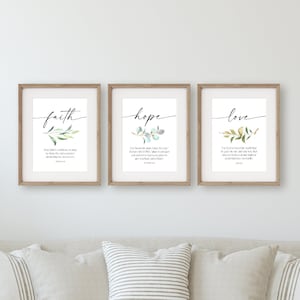 Bible verse wall art printed 8x10, faith hope love print, faith hope love wall art blue, bible verse wall decor set of 3, scripture wall art