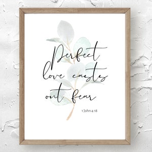Bible verse wall art, 1 John 4:18, perfect love casts out fear, scripture wall art, bible verse print leaves, christian wall art printable