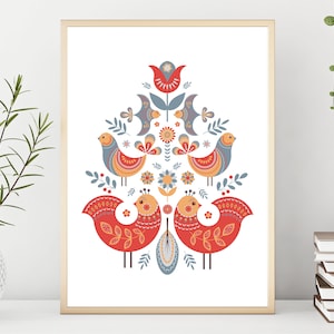 Norwegian Folk Art, Folk Art Bird Print, Scandinavian Wall Art Printable, Swedish Wall Art, Nordic Bird Print, Scandinavian Floral Print