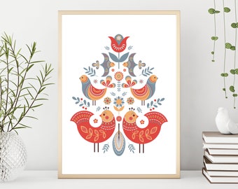 Arte popular noruego, impresión de aves de arte popular, arte de pared escandinavo imprimible, arte de pared sueco, impresión de aves nórdicas, impresión floral escandinava