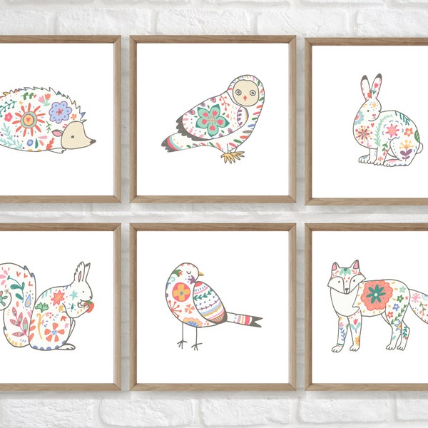 Norwegian Folk Art, colorful animal nursery prints, boho nursery decor, set of 6 woodland animals, nordic art digital, colorful boho nursery