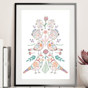Norwegian Folk Art, Folk Art Bird Print, Scandinavian Printable, Swedish Wall Art, Boho Girls Room Print, Girls Floral Nursery Print