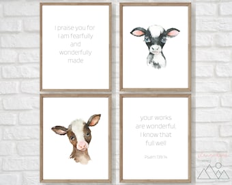 May include: Set of four printable nursery art prints featuring watercolor illustrations of a calf and inspirational quotes. The prints include the text "I praise you for I am fearfully and wonderfully made" and "Your works are wonderful, I know that full well, Psalm 139:14".