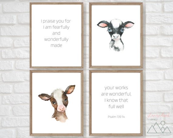 Bible Verse Wall Art Watercolor Cow Nursery Prints Fearfully | Etsy