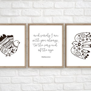 bible verse wall art, norwegian folk art, folk art bird prints, set of 3 bible verse prints, black and white print, scripture wall art