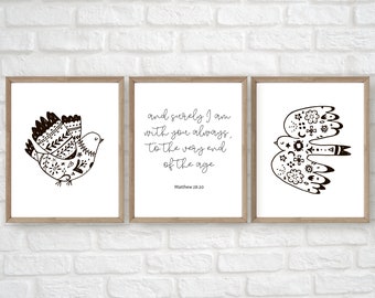 Bibelvers Wandkunst, Norwegische Volkskunst, Volkskunst Vogel Drucke, 3er Set Bibelvers Drucke, schwarz weiß Druck, Schrift Wandkunst