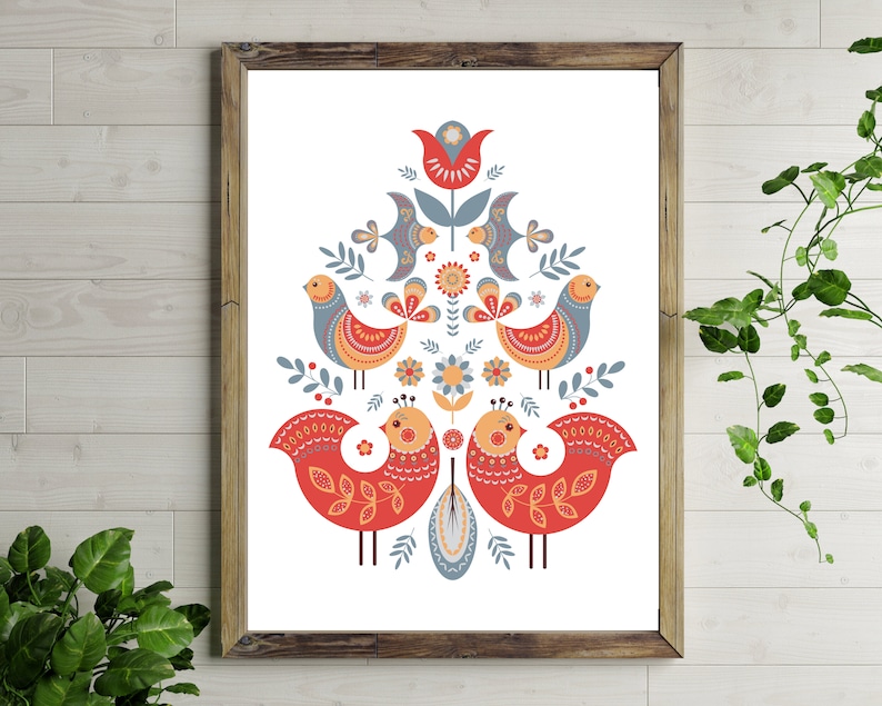 Norwegian Folk Art Folk Art Bird Print Scandinavian Wall Art Etsy