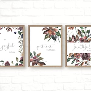Bible verse wall art, Romans 12:12, scripture above bed, set of 3 bible verse prints, bible verses floral, bible verse flowers printable