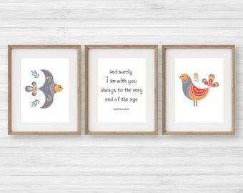 Bibel Vers Wandkunst, Volkskunst Vogel Druck, 3er Set Vogel Drucke, Schrift Kinderzimmer Drucke, Norwegische Volkskunst, bunter Bibel Vers Druck