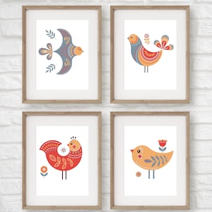 folk art bird print, set of 4 bird prints, set of 4 boho nursery prints, norwegian folk art, colorful bird wall art, farmhouse art prints