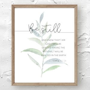 Bible verse wall art, Psalm 46:10, be still know that I am God, botanical christian wall art, scripture print leaves, bible verse download