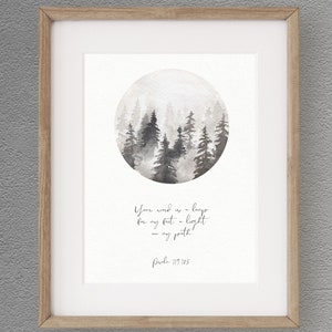 Bible verse wall art, Psalm 119 your word, grey green christian wall art, scripture printable, watercolor bible verse print, religious gift