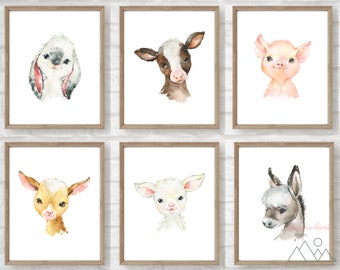 farm animal nursery prints, watercolor nursery decor, set of 6 animals, watercolor animal prints, minimalist nursery wall art, cow print
