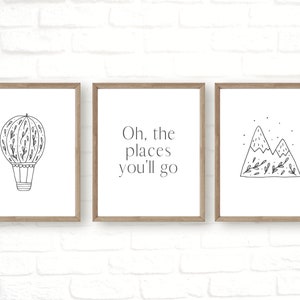 oh the places you&#39;ll go, set of 3 minimalist nursery prints, scandinavian wall art, hygge art, black white nursery wall art, hot air balloon