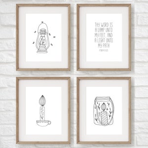 set of 4 bible verse prints, psalm 119, lamp unto my feet, christian wall art, simple hygge prints, black and white scripture wall decor