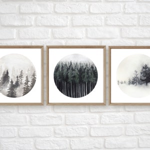 watercolor forest prints set of 3, square nature wall art, foggy forest print set, watercolor tree prints, forest art printable download