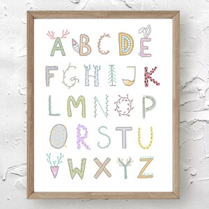 alphabet nursery print, ABC wall art, scandinavian alphabet poster, woodland alphabet print, alphabet wall art, alphabet wall decor kids