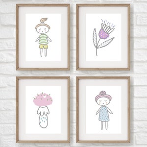 colorful girl nursery prints, set of 4 minimalist baby girl printables, scandinavian girl nursery wall art, boho girls bedroom wall decor
