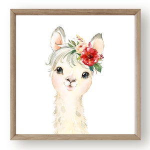 Llama decor wall girls 12x12, Llama decor nursery 20x24, Llama gift for girls printable 11x14, Llama watercolor, Llama flower crown bedroom