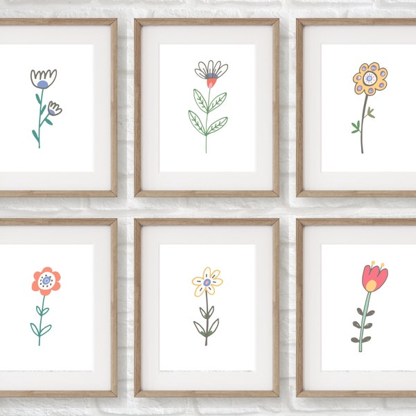 scandinavian nursery wall art, flower nursery decor, set of 6 flower prints, norwegian folk art, colorful boho nursery, minimalist flowers