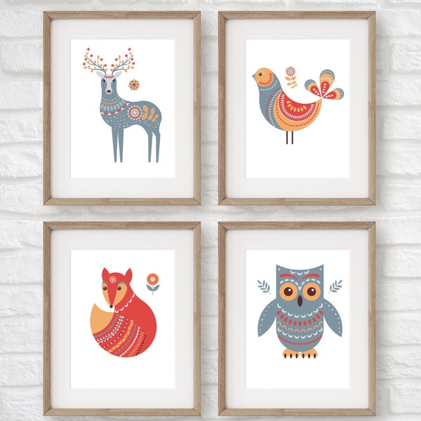 woodland animal prints, set of 4 boho animal prints, set of 4 colorful nursery prints, norwegian folk art, colorful kids room wall art