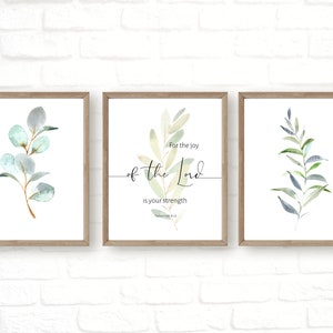 Bible verse wall art, for the joy of the lord is your strength, watercolor prints living room blue, set of 3 scripture prints, Nehemiah 8:10