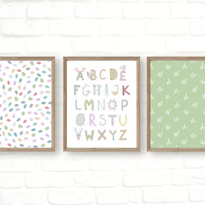 set of 3 alphabet nursery print, boy nursery ABC wall art, scandinavian nursery art, woodland alphabet print, green blue nursery wall decor