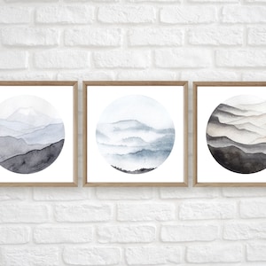 watercolor mountain prints set of 3, watercolor wall art, foggy mountain print set, living room wall decor, mountain printable download