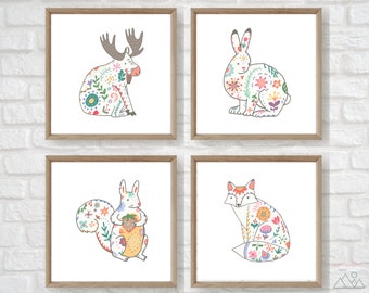 norwegian folk art, woodland animal nursery prints, scandinavian nursery art, colorful animal nursery prints, squirrel print, moose print
