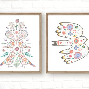 Norwegian Folk Art, Folk Art Bird Print, Set of 2 Scandinavian Printable, Swedish Wall Art, Boho Girls Room Print, Girls Floral Nursery Art