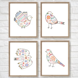 folk art bird print, set of 4 bird prints, set of 4 boho nursery prints, norwegian folk art, girl nursery prints, farmhouse prints for girls
