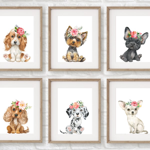 Puppy dog nursery prints, girls nursery watercolor wall art, puppies flower crowns daughter's bedroom, printable art for dog lover, ANY SIZE