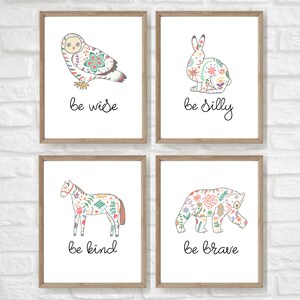 norwegian folk art, 4 boho nursery prints, set of 4 woodland animals nursery decor, scandinavian nursery wall art, woodland animals prints