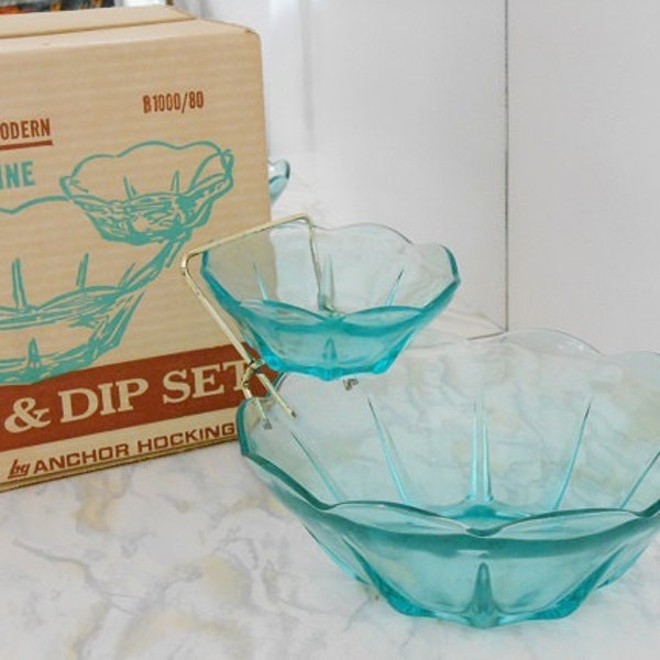 Blue Glass Chip and Dip Bowl Set - Vintage Aqua Chips Bowl