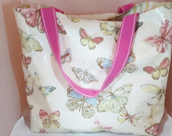 Beach Bag, Waterproof, Reversible Tote Bag, Day Out, Holiday Bag, Shoulder Tote, Butterflies, Stripes, Zip Pocket, Gift for her.