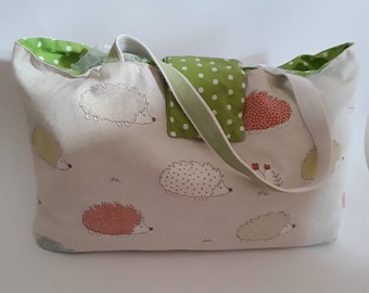 Beach Bag, Hedgehogs design, Reversible, waterproof, Green White Spot Fabric, Zip Pocket, Shoulder Tote, Day at Beach, Holiday Holdall, Gift