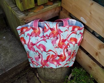 Pink Flamingos, Tote Bag, Beach Bag, Shopping Bag, Aqua stripe, Reversible, College Bag, Picnic bag, Office bag, Perfect present, Gift