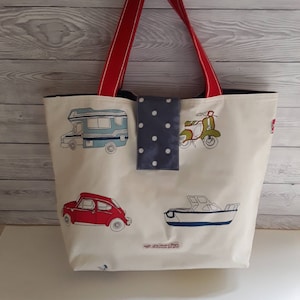 Strandtas, schouder tote, vakantie tas, waterdicht, omkeerbaar, boten, Auto's, camper busjes, blauw, vinyl, zip Pocket, dagje uit, cadeau voor haar