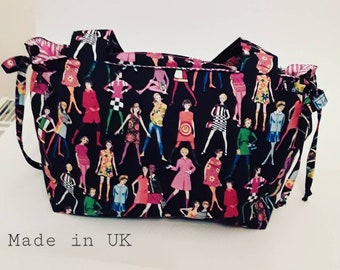 Shoulder Bag, Swinging Sixties, Side Ties, Sixties Model girls, Gift for her, Black Multi, Straps, Lined, Pockets, Metal Trims Zip Fastening