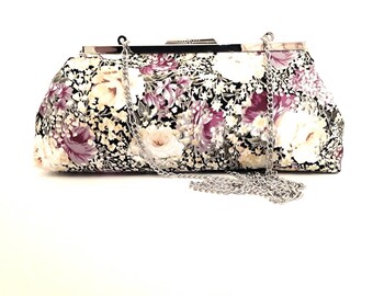 Clutch bag, Small Purse, Chrome frame, Chrome shoulder chain, Cotton fabric,  Flower design, Petite, Evening, Wedding, Party, Perfect gift.