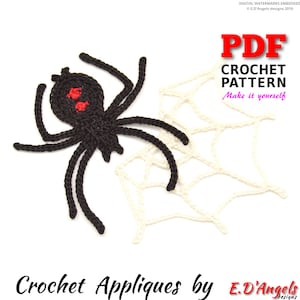 May include: A crochet pattern for a black spider and a white spider web. The pattern is available as a PDF download. The text "PDF Crochet Pattern Make it yourself" is printed on the image.