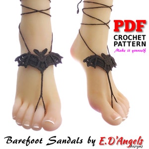 May include: Crochet pattern for bat-shaped barefoot sandals. The pattern is available as a PDF download. Make it yourself.