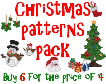 May include: A set of six crochet Christmas patterns, including a snowman, Santa Claus, a Christmas tree, a stocking, and two candles. The text "Christmas patterns pack" and "Buy 6 for the price of 4" is displayed on the image.