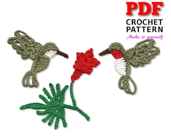 Crochet pattern, Applique pattern, HUMMINGBIRDS and Cardinal Climber Vine, PDF Instant Download, Crochet Applique Small Hummingbirds pattern