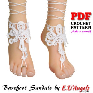 May include: White crochet barefoot sandals with a delicate floral design. PDF crochet pattern included. Make it yourself.