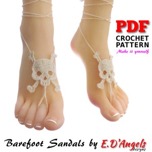 May include: Crochet pattern for barefoot sandals with a skull and crossbones design. The pattern is available as a PDF download. "Make it yourself" is written in pink text.