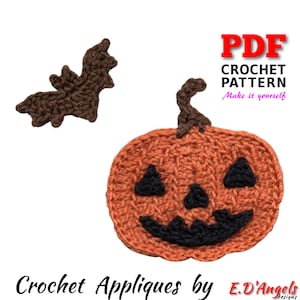 May include: Crochet pattern PDF for a pumpkin and bat applique. The pumpkin is orange with a black face and the bat is brown. The text "PDF CROCHET PATTERN Make it yourself" is in the top right corner.
