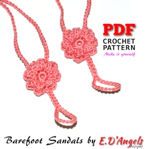 May include: A pair of pink crocheted barefoot sandals with flower accents. PDF Crochet Pattern - Make it yourself. Barefoot Sandals by E.D'Angels Designs.