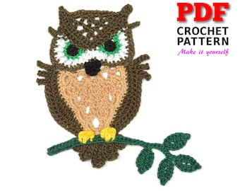 Motif appliqué hibou au crochet : embellissement sur une branche (téléchargement PDF)